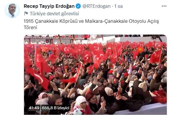 Erdoğan, 1915 Çanakkale Köprüsü'nün Açılış Törenini Twitter Hesabından Paylaştı